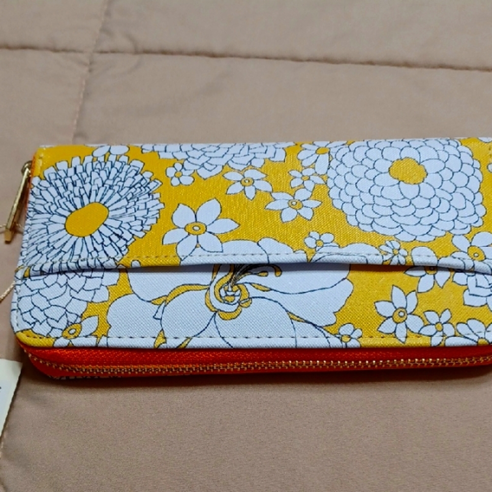Vibrant Yellow and White Floral Wallet with Orange Trim....Trinaturk